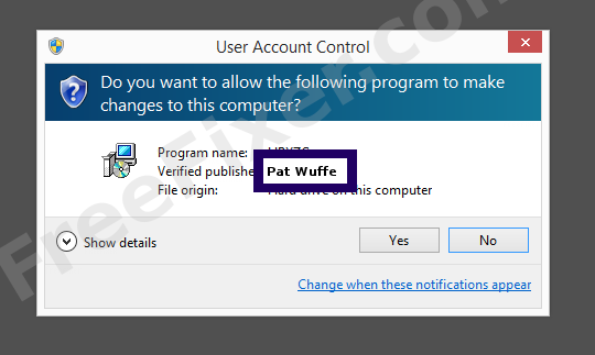 Screenshot where Pat Wuffe appears as the verified publisher in the UAC dialog